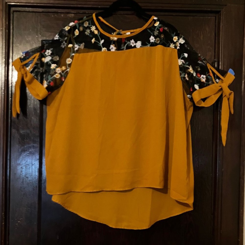 Beautiful Embroidered Floral on Lace, Gold Bodice, Tie-back Sleeves